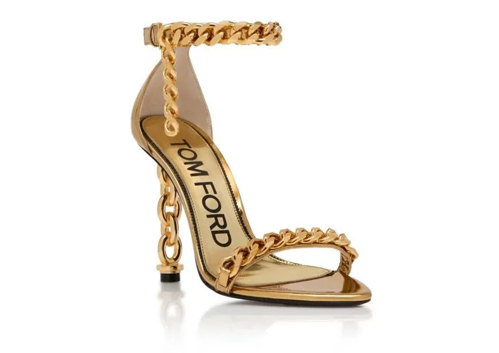 Women Sandals Tom Ford Mirror Leather Chain Heel Ankle Strap Sandal Gold Women Sandals Tom Ford Mirror Leather Chain Heel Ankle Strap Sandal Gold