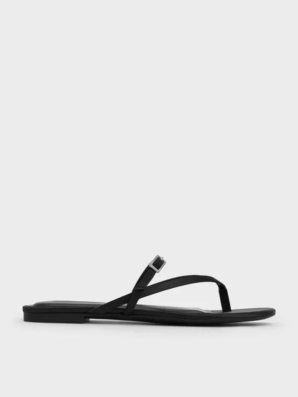 Women Satin CrystalBuckle Strappy Thong Sandals 8211 Black Textured CHARLES and KEITH Sandals Women Satin CrystalBuckle Strappy Thong Sandals 8211 Black Textured CHARLES and KEITH Sandals