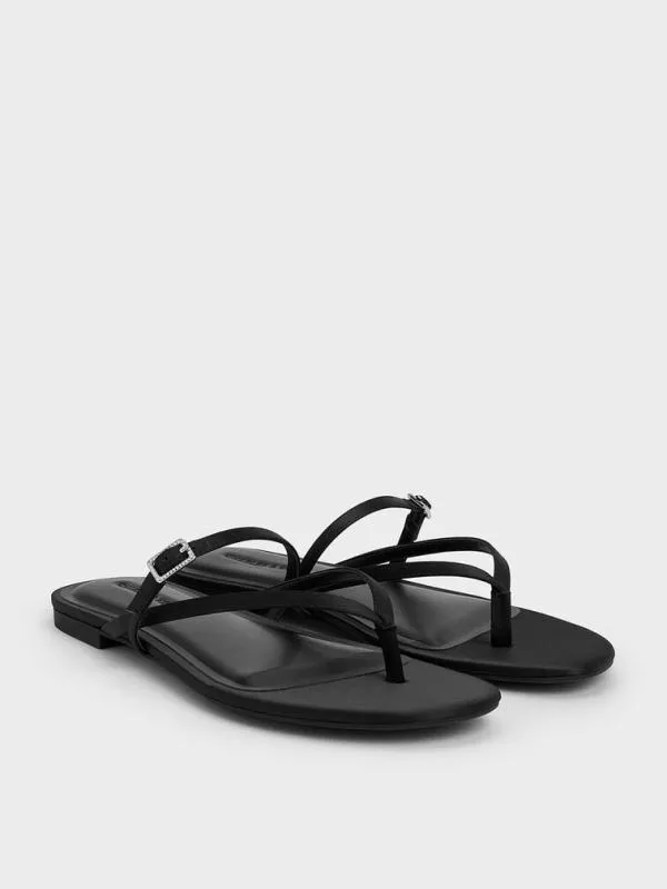 Women Satin CrystalBuckle Strappy Thong Sandals 8211 Black Textured CHARLES and KEITH Sandals