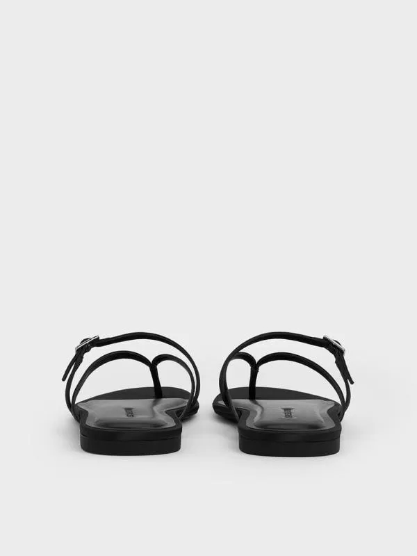 Women Satin CrystalBuckle Strappy Thong Sandals 8211 Black Textured CHARLES and KEITH Sandals