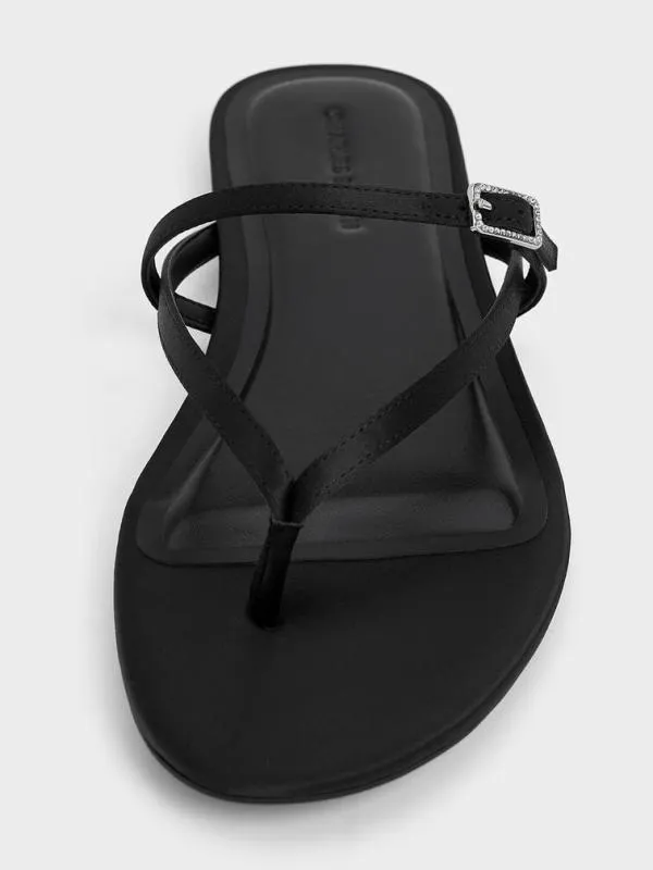 Women Satin CrystalBuckle Strappy Thong Sandals 8211 Black Textured CHARLES and KEITH Sandals