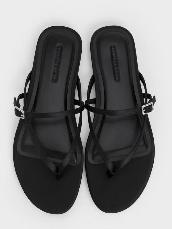 Women Satin CrystalBuckle Strappy Thong Sandals 8211 Black Textured CHARLES and KEITH Sandals