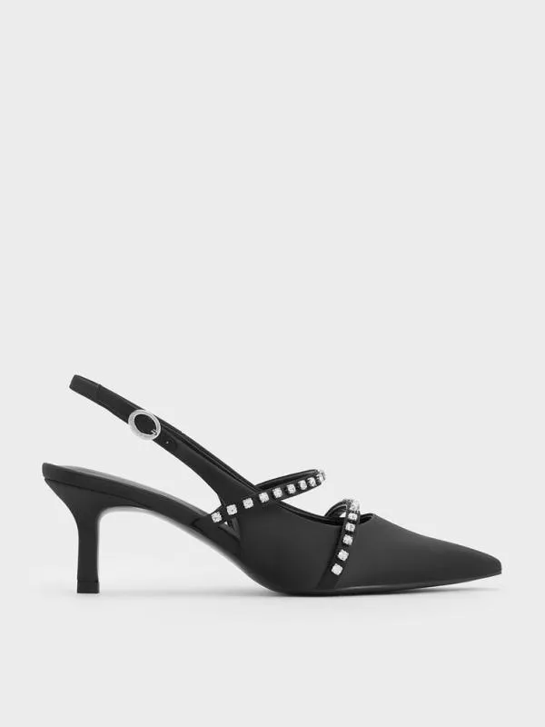 Women Satin CrystalEmbellished Mary Jane Pumps 8211 Black Textured CHARLES and KEITH Heels Women Satin CrystalEmbellished Mary Jane Pumps 8211 Black Textured CHARLES and KEITH Heels