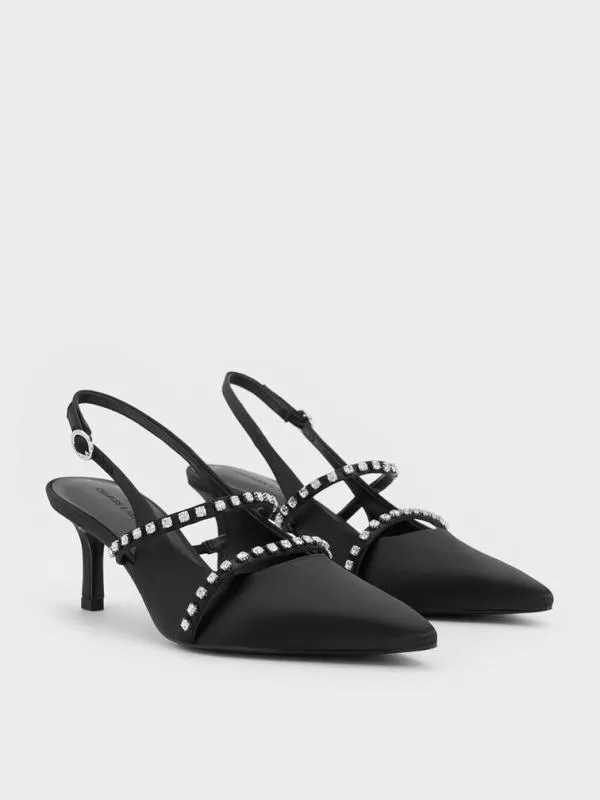 Women Satin CrystalEmbellished Mary Jane Pumps 8211 Black Textured CHARLES and KEITH Heels
