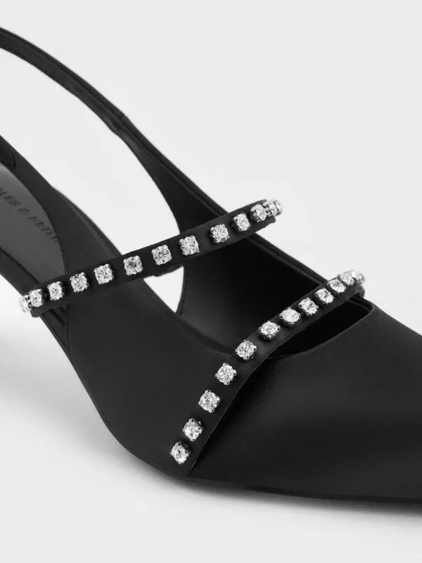 Women Satin CrystalEmbellished Mary Jane Pumps 8211 Black Textured CHARLES and KEITH Heels