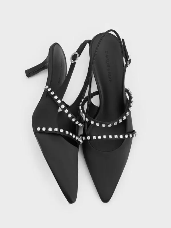 Women Satin CrystalEmbellished Mary Jane Pumps 8211 Black Textured CHARLES and KEITH Heels
