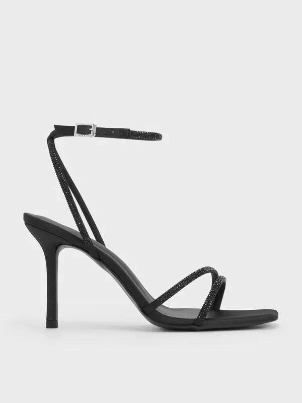 Women Satin CrystalEmbellished StilettoHeel Sandals 8211 Black Textured CHARLES and KEITH Sandals
