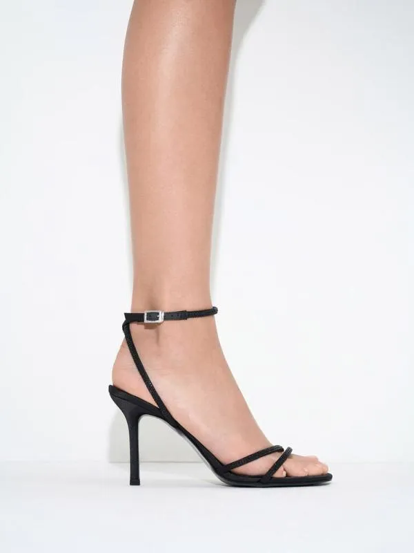 Women Satin CrystalEmbellished StilettoHeel Sandals 8211 Black Textured CHARLES and KEITH Sandals
