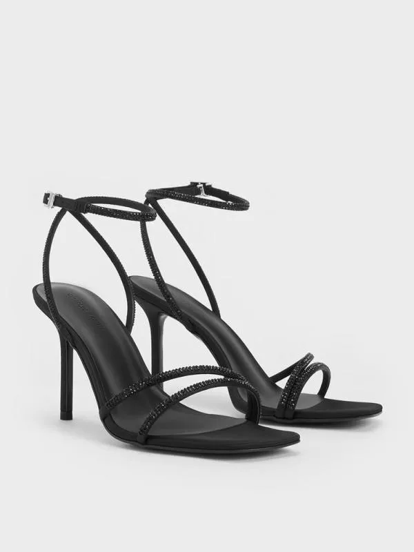 Women Satin CrystalEmbellished StilettoHeel Sandals 8211 Black Textured CHARLES and KEITH Sandals
