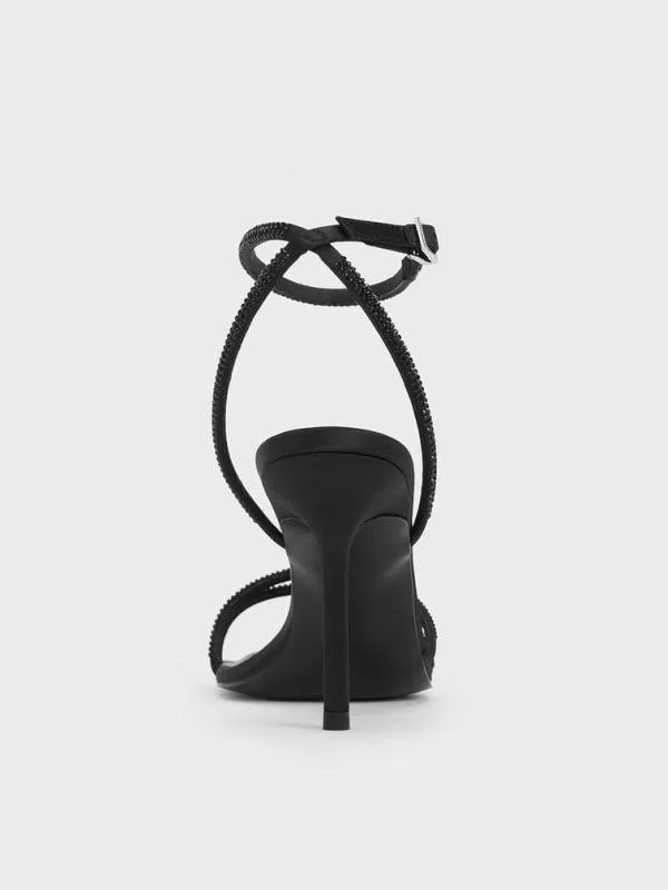 Women Satin CrystalEmbellished StilettoHeel Sandals 8211 Black Textured CHARLES and KEITH Sandals