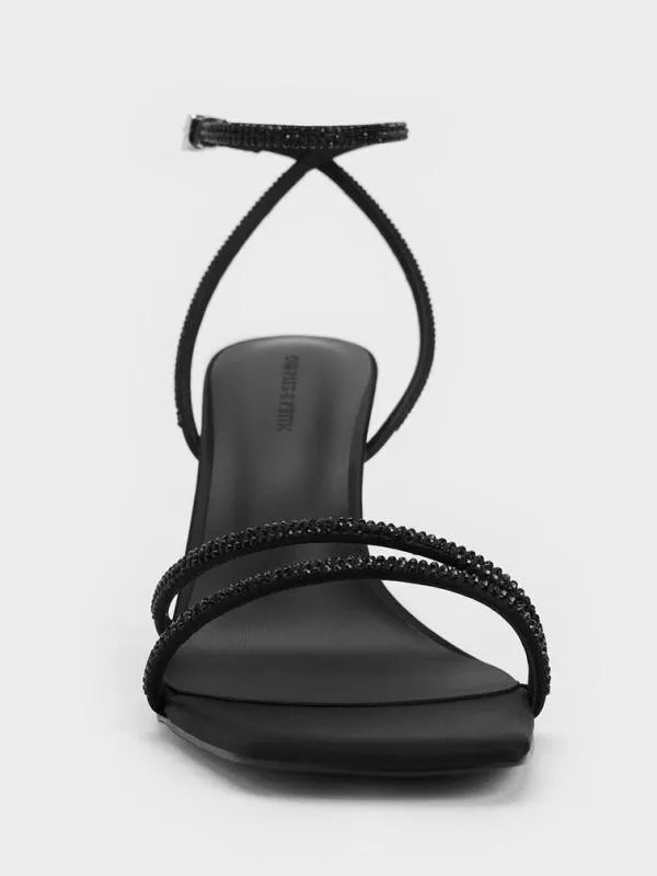 Women Satin CrystalEmbellished StilettoHeel Sandals 8211 Black Textured CHARLES and KEITH Sandals