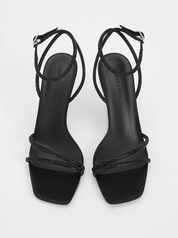 Women Satin CrystalEmbellished StilettoHeel Sandals 8211 Black Textured CHARLES and KEITH Sandals