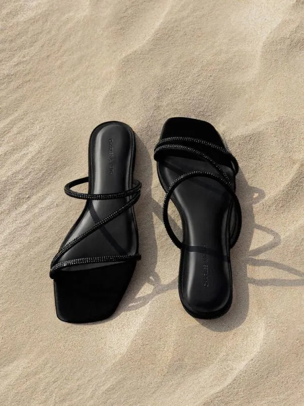 Women Satin CrystalEmbellished Strappy Sandals 8211 Black Textured CHARLES and KEITH Sandals