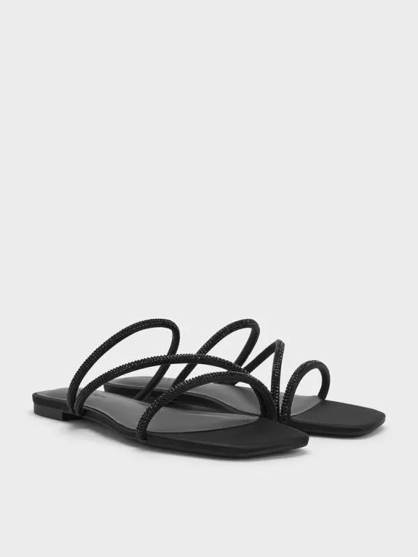 Women Satin CrystalEmbellished Strappy Sandals 8211 Black Textured CHARLES and KEITH Sandals