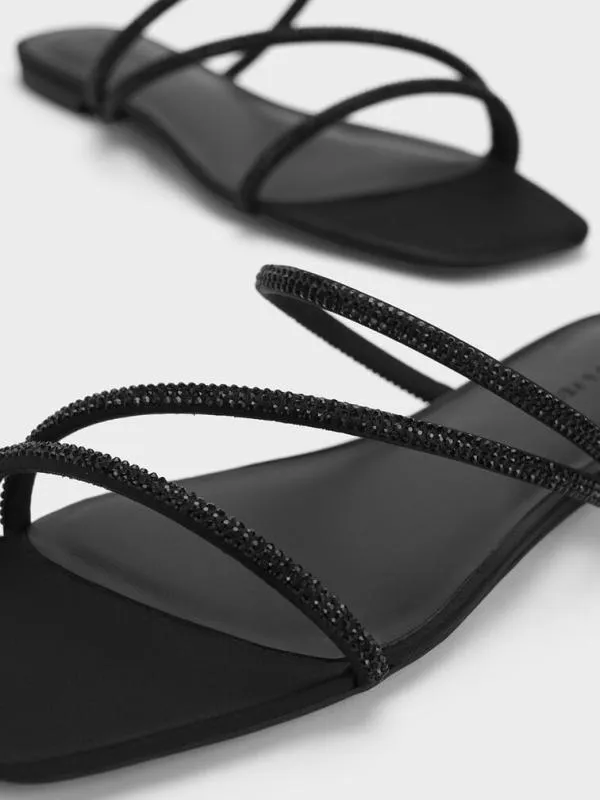 Women Satin CrystalEmbellished Strappy Sandals 8211 Black Textured CHARLES and KEITH Sandals