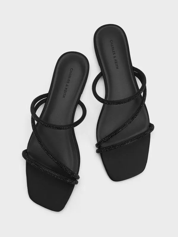 Women Satin CrystalEmbellished Strappy Sandals 8211 Black Textured CHARLES and KEITH Sandals
