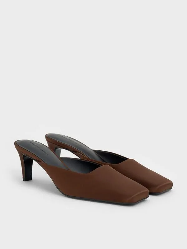 Women Satin SquareToe BladeHeel Mules 8211 Dark Brown CHARLES and KEITH Heels