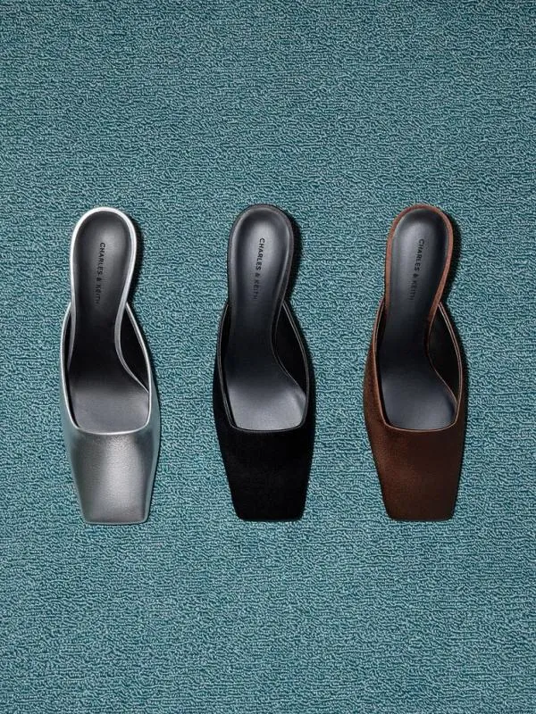 Women Satin SquareToe BladeHeel Mules 8211 Dark Brown CHARLES and KEITH Heels