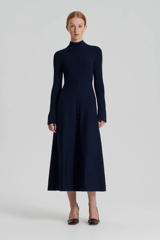 Women Scanlan Theodore CREPE KNIT BUTTON POLO DRESS NAVY Knitwear