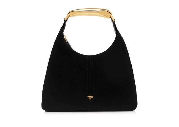 Women Shoulder Bags Tom Ford Quilted Velvet Bianca Small Hobo Black