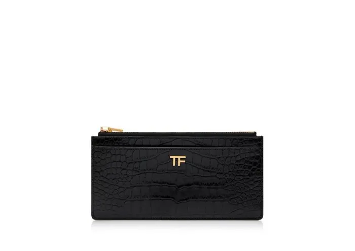 Women Small Leather Goods Tom Ford Shiny Stamped Crocodile Leather Classic Tf Multifunctional Wallet Black