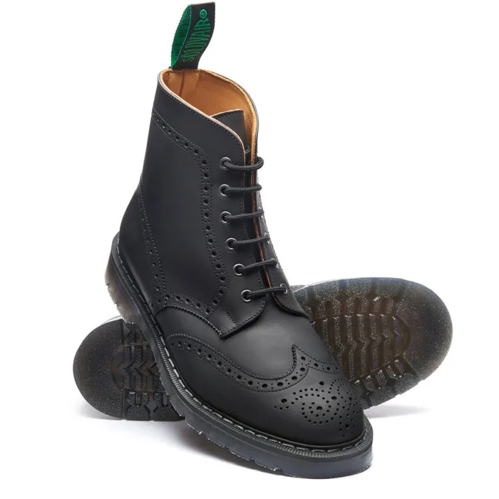 Women Solovair Brogue Boots Black Greasy 6 Eye Brogue Boot