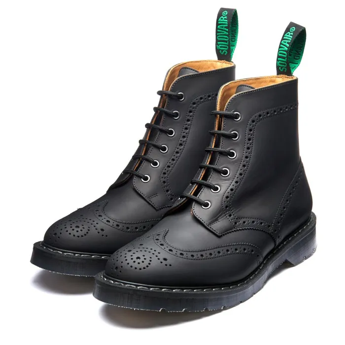 Women Solovair Brogue Boots Black Greasy 6 Eye Brogue Boot