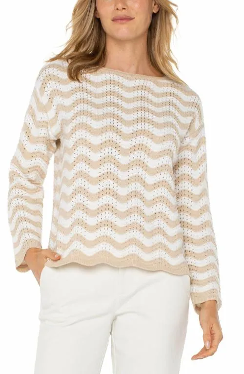 Women Sweaters Liverpool Los Angeles Long Sleeve Boatneck Sweater Tan Ivory Stripe