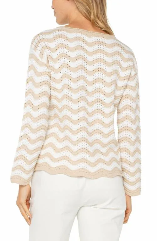 Women Sweaters Liverpool Los Angeles Long Sleeve Boatneck Sweater Tan Ivory Stripe
