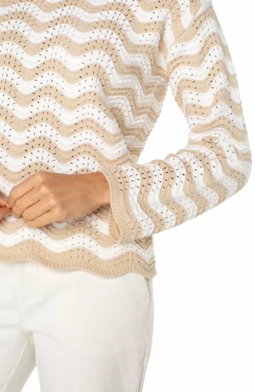 Women Sweaters Liverpool Los Angeles Long Sleeve Boatneck Sweater Tan Ivory Stripe