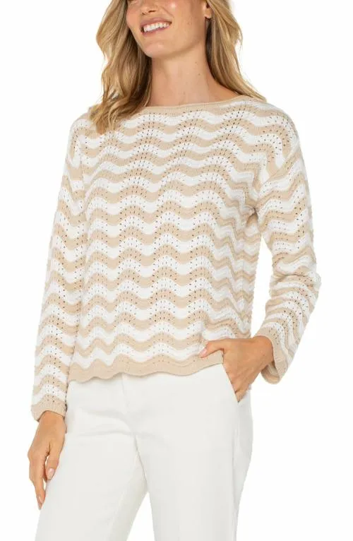 Women Sweaters Liverpool Los Angeles Long Sleeve Boatneck Sweater Tan Ivory Stripe