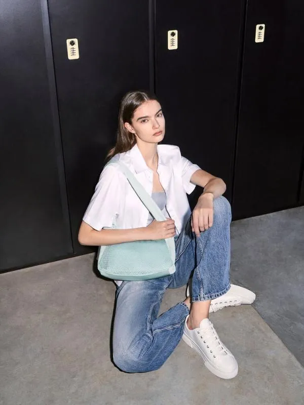 Women Terra Mesh and Nylon Shoulder Bag 8211 Sage Green CHARLES and KEITH Slouchy Bags