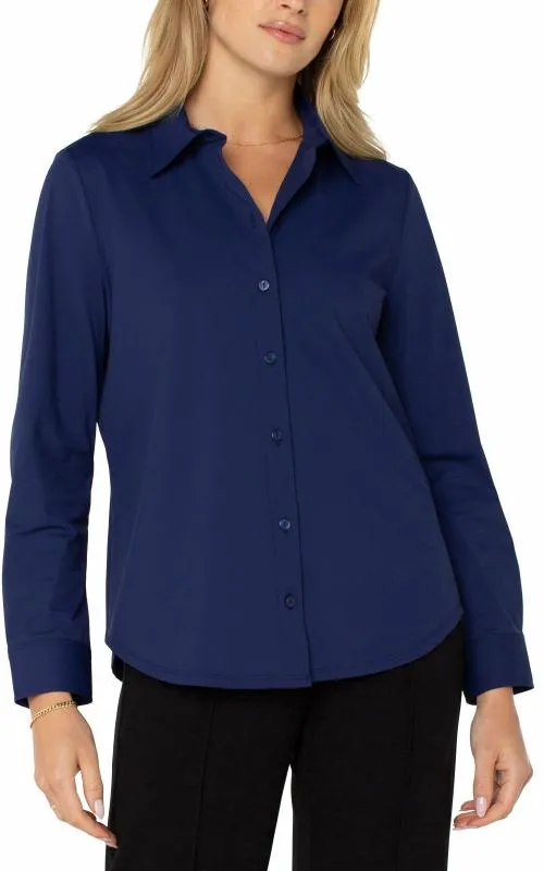 Women Tops Liverpool Los Angeles Long Sleeve Button Front Knit Shirt Navy Ink Women Tops Liverpool Los Angeles Long Sleeve Button Front Knit Shirt Navy Ink