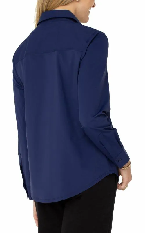 Women Tops Liverpool Los Angeles Long Sleeve Button Front Knit Shirt Navy Ink