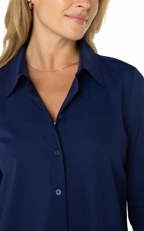Women Tops Liverpool Los Angeles Long Sleeve Button Front Knit Shirt Navy Ink