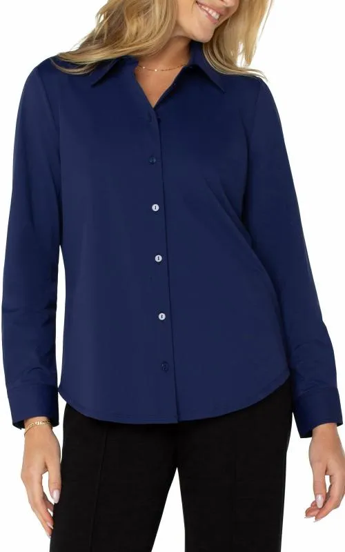 Women Tops Liverpool Los Angeles Long Sleeve Button Front Knit Shirt Navy Ink