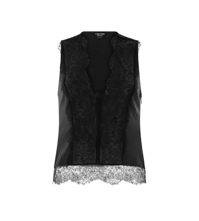 Women Tops Tom Ford Silk Satin and Chantilly Lace Top Black