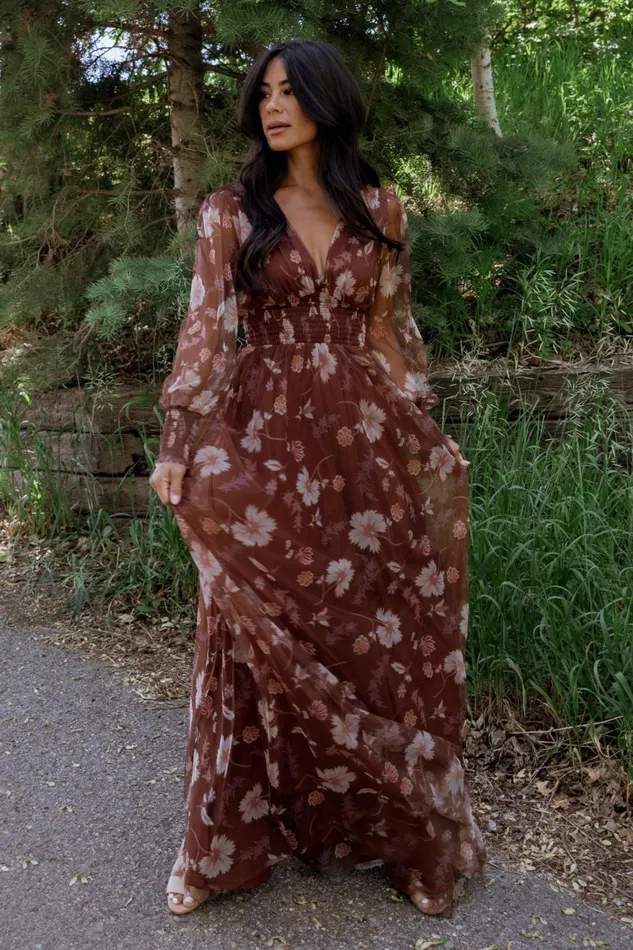 Women Tulle Styles Baltic Born Layla Tulle Maxi Dress Chestnut Floral