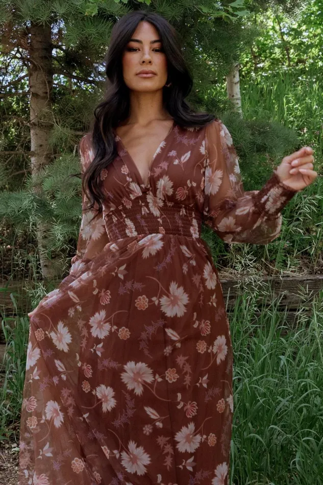 Women Tulle Styles Baltic Born Layla Tulle Maxi Dress Chestnut Floral