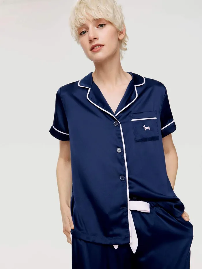 Women Tux Luxe Satin Short Sleeve Shirt Navy Peter Alexander Satin