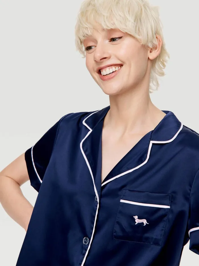 Women Tux Luxe Satin Short Sleeve Shirt Navy Peter Alexander Satin