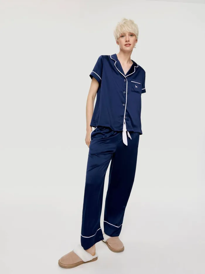 Women Tux Luxe Satin Short Sleeve Shirt Navy Peter Alexander Satin