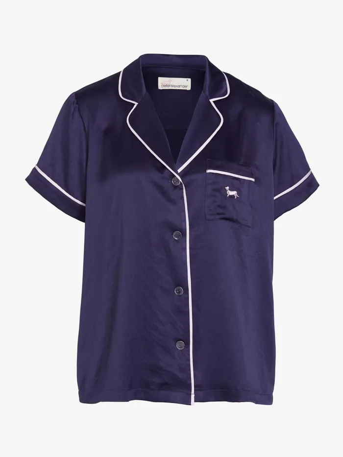 Women Tux Luxe Satin Short Sleeve Shirt Navy Peter Alexander Satin