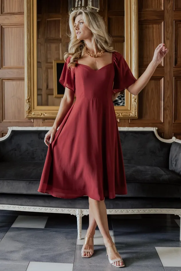 Women Wedding Guest Baltic Born Colette Sweetheart Midi Dress Terracotta