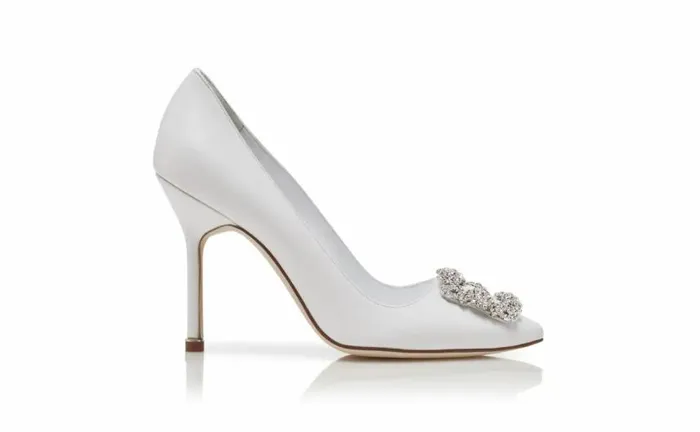 Women White Calf Leather Jewel Buckle Pumps Manolo Blahnik Pumps