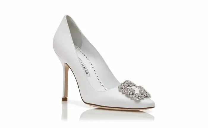 Women White Calf Leather Jewel Buckle Pumps Manolo Blahnik Pumps