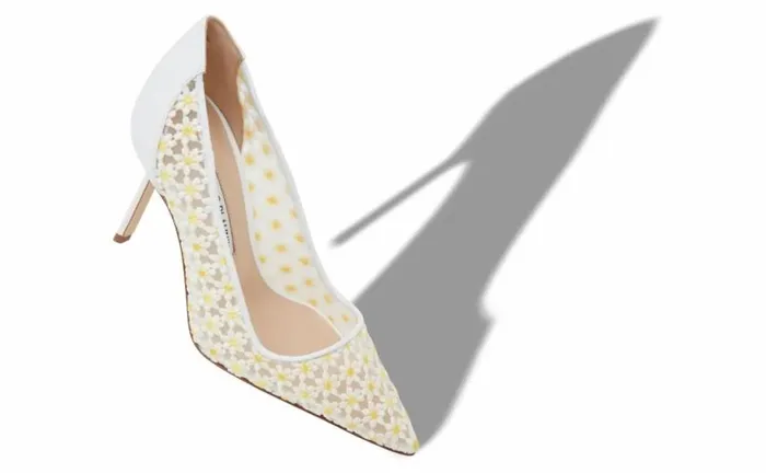 Women White Lace Daisy Pointed Toe Pumps Manolo Blahnik Pumps