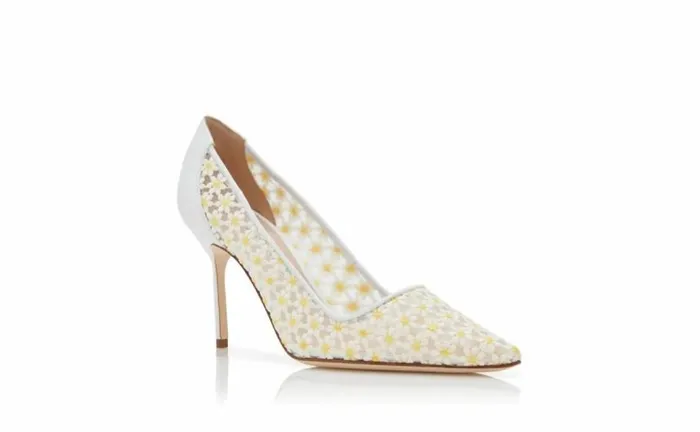 Women White Lace Daisy Pointed Toe Pumps Manolo Blahnik Pumps