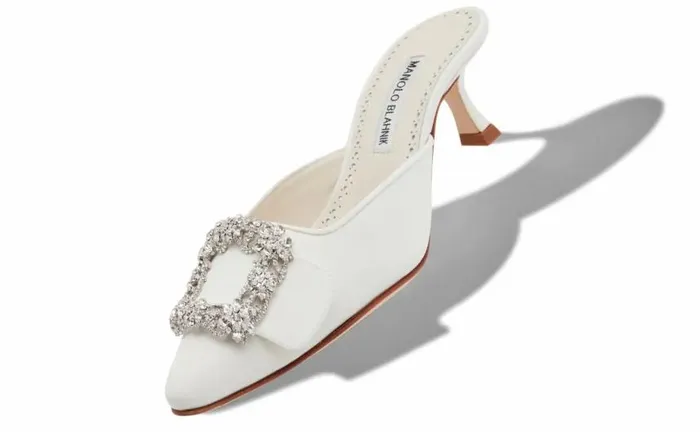 Women White Satin Crystal Buckle Mules Manolo Blahnik Mules