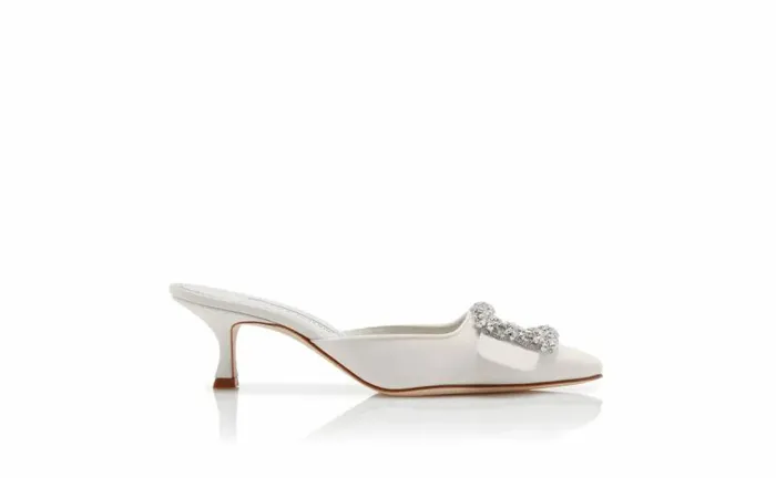 Women White Satin Crystal Buckle Mules Manolo Blahnik Mules